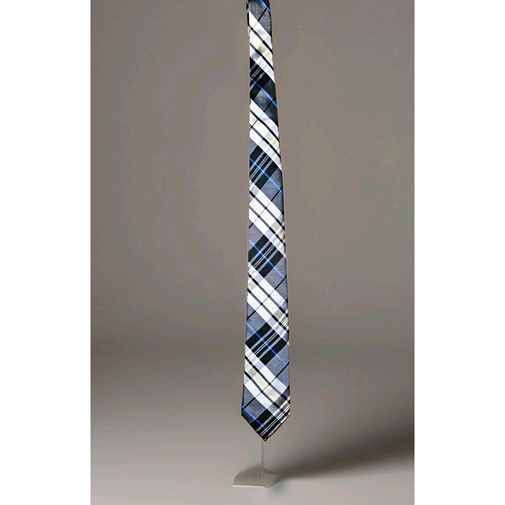 Ben Sherman Silk Plaid & Check Tie Gray Black Blue Yellow Woven Handmade Logo